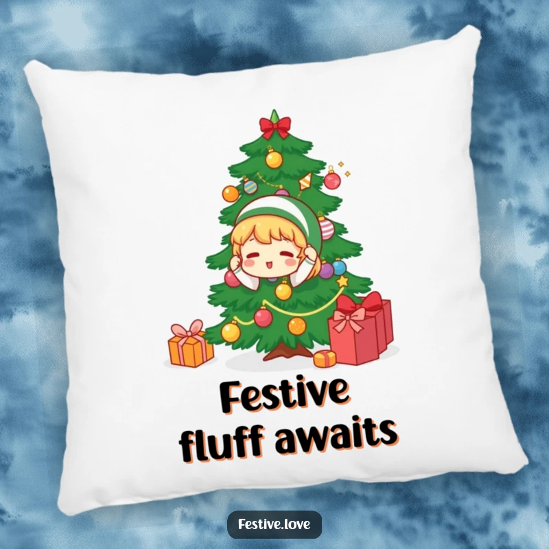 Funny pillow featuring a character happily decorating a Christmas tree, adding a touch of festive comfort and playful holiday cheer to any room.