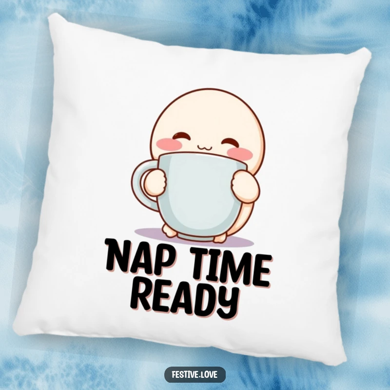 Funny pillow with a round, rosy-cheeked character hugging a steaming mug with pure delight, perfect for comfort and style.