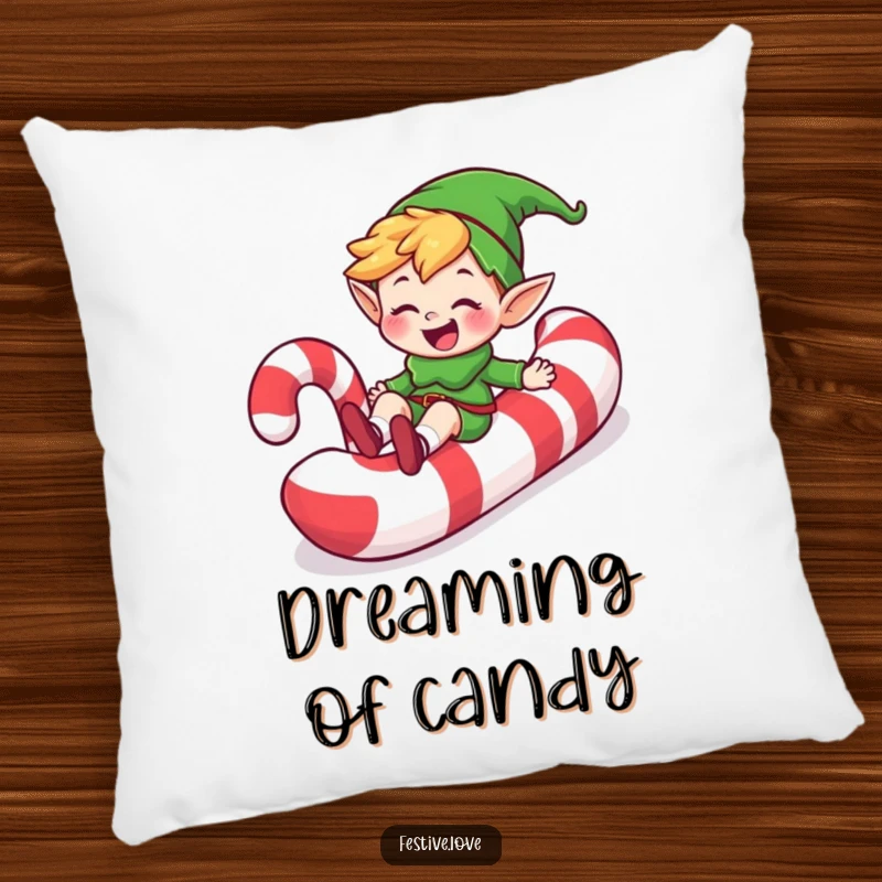 Funny happy elf character sliding down a candy cane with a grin, on a soft pillow, a humorous and sweet comfort gift.