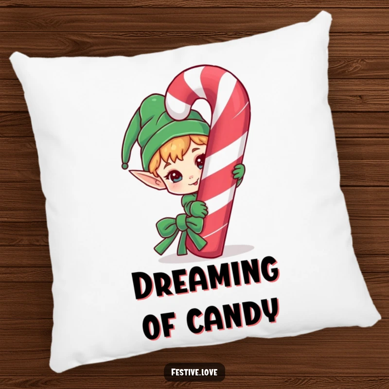 Funny decorative pillow showcasing a mischievous elf character peeking with a playful expression from behind a giant candy cane.