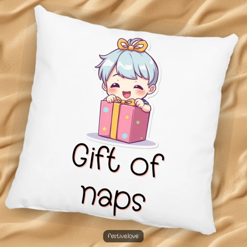 Funny pillow with a little character enthusiastically unwrapping a brightly colored present, perfect for comfort and festive decor.