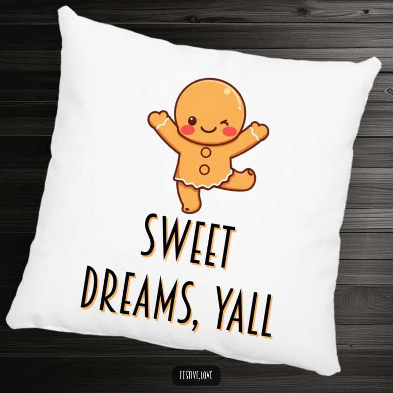 Funny gingerbread dance pillow featuring a cute cartoon gingerbread character in a happy dance, perfect for adding festive charm.