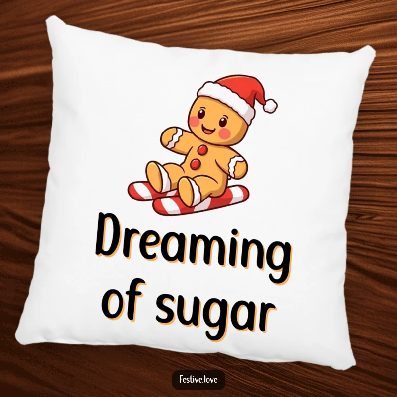 Funny gingerbread man pillow with a festive cookie sliding down a candy cane, adding cozy holiday charm.