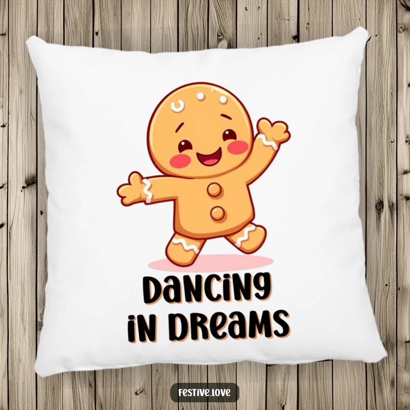 Funny decorative pillow showcasing a joyful gingerbread cookie character mid-dance, performing a lively jig with festive icing.