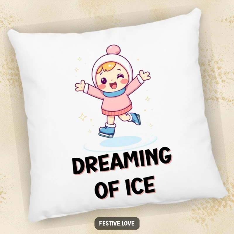Funny pillow with a happy character ice skating with arms outstretched, kicking up sparkly ice, perfect for comfort and decor.