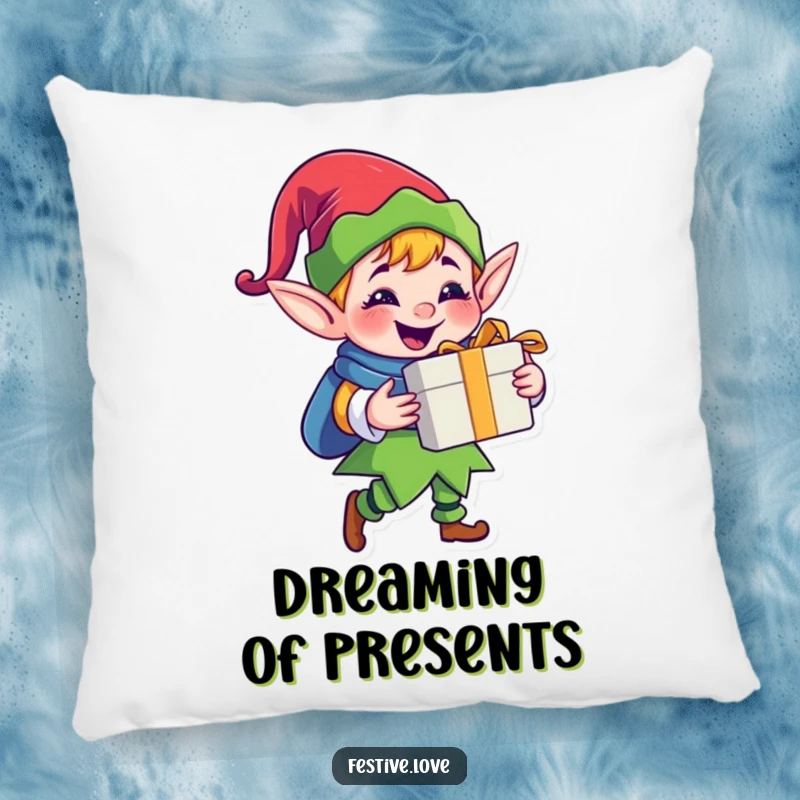 Funny jolly elf pillow featuring a cute cartoon elf character holding a gift with a big grin, perfect for adding holiday charm.