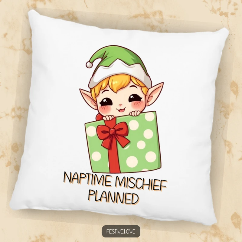 Funny kawaii elf pillow, mischievous grin, peeking from behind a gift, soft and humorous decorative accent.