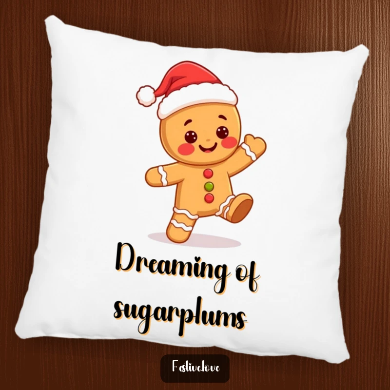 Funny kawaii gingerbread man in a Santa hat, doing a jolly dance, presented on a soft and festive throw pillow.