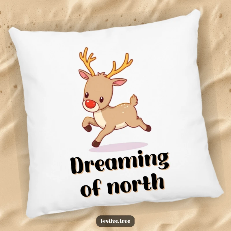 Funny kawaii reindeer with twinkling antlers, prancing gleefully, presented on a soft and festive throw pillow.