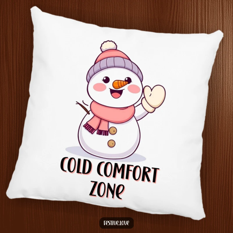 Funny kawaii snowman with a carrot nose, energetically waving a mitten, presented on a soft and cheerful throw pillow.