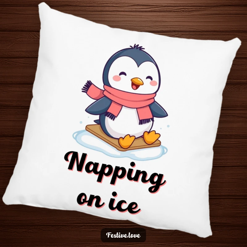 Funny pillow with a happy penguin character wearing a scarf, sliding smoothly across ice with a cheerful expression.