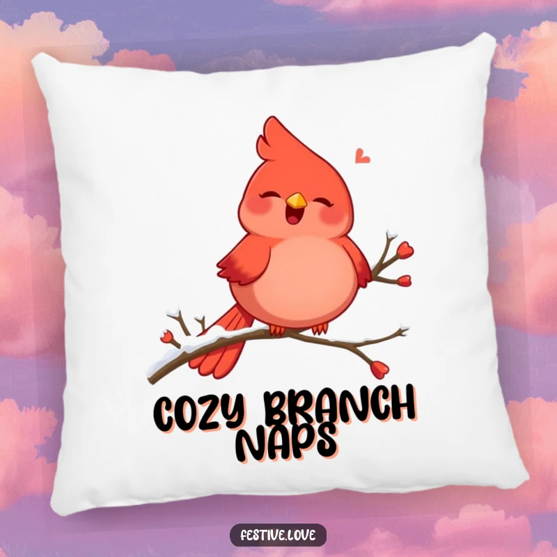 Funny pillow with a plump, red cardinal character singing joyfully on a snowy branch, winter-themed comfort.