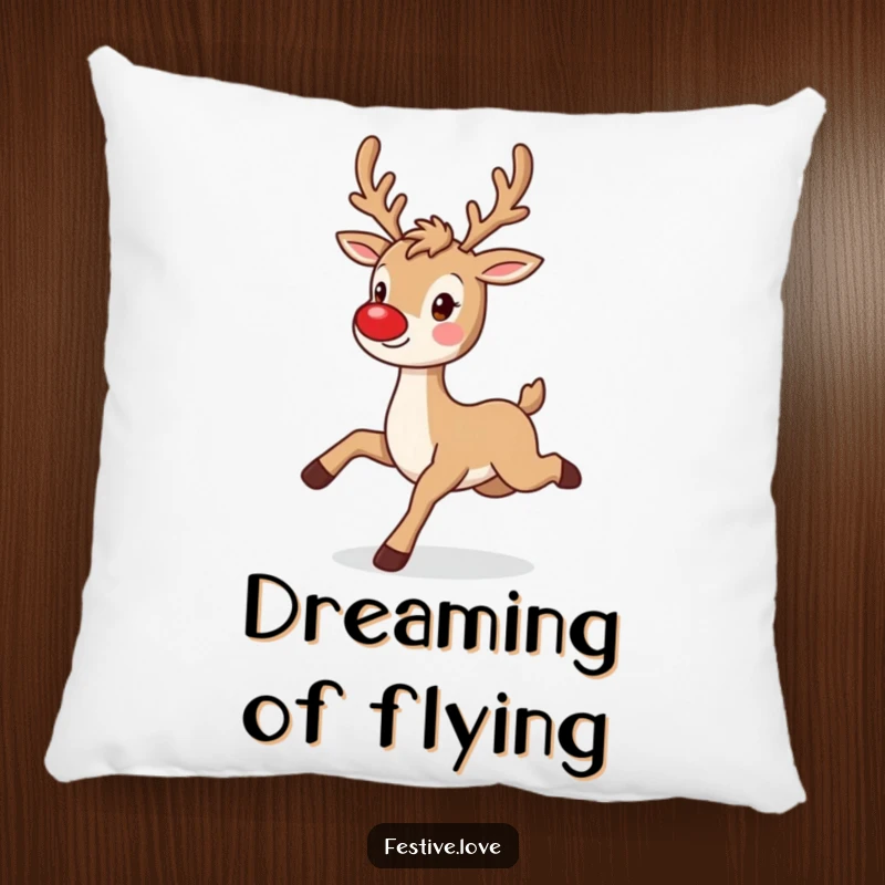 Funny reindeer pillow with a playful character prancing with a twinkling red nose, perfect for cozying up.