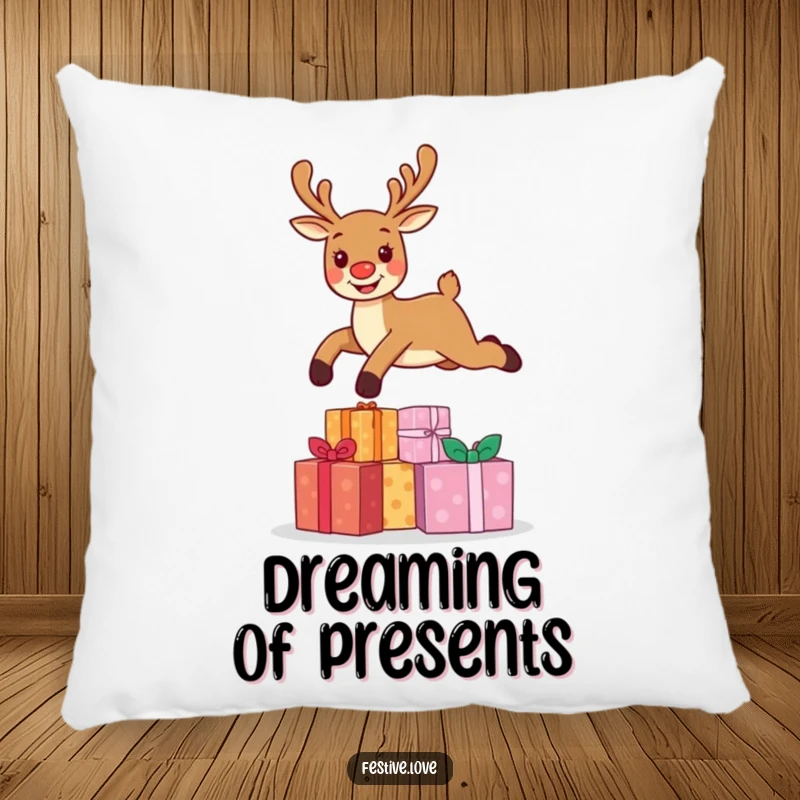 Funny pillow featuring a happy reindeer character joyfully leaping over a large pile of Christmas presents, adding festive comfort and humor.