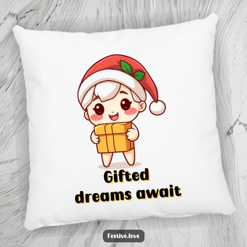 Funny Santa pillow with a cute character smiling, wearing a Santa hat and holding a gift box, comfortable holiday decor.