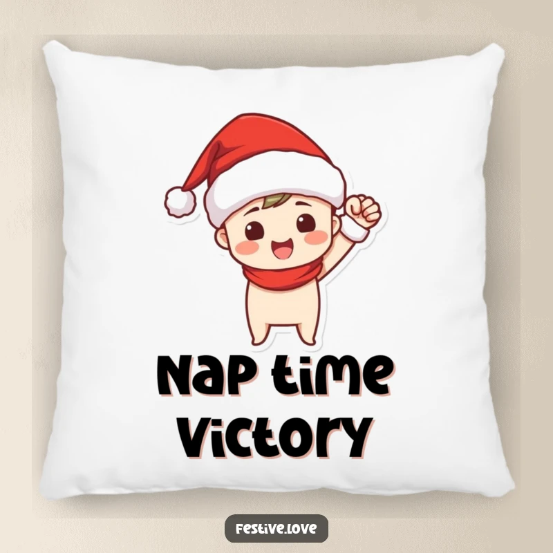 Funny pillow featuring a character in a Santa hat performing a jubilant fist pump, bringing festive cheer and comfort to any room.