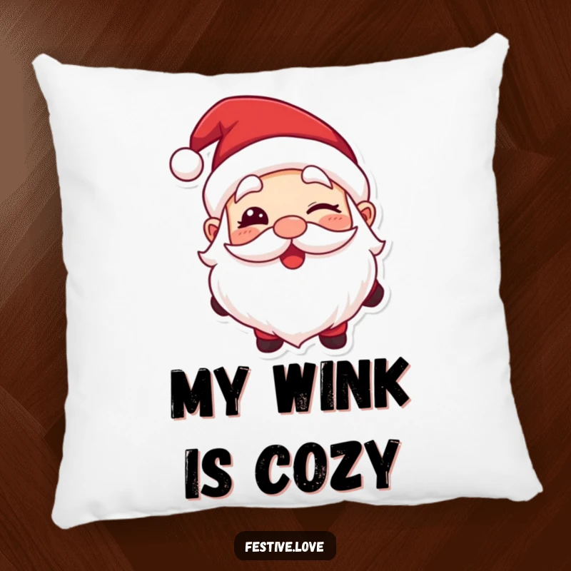 Funny pillow featuring Santa Claus with a prominent, happy wink, adding cozy holiday cheer.