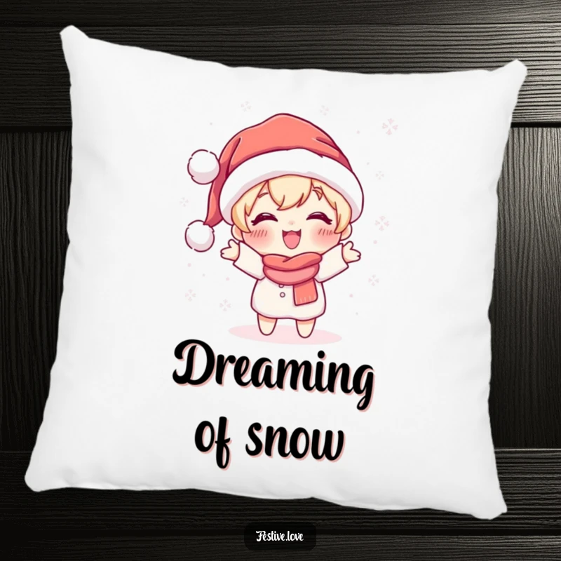 Funny pillow with a cute character in a Santa hat joyfully throwing sparkling snowflakes, perfect for adding comfort and humor.