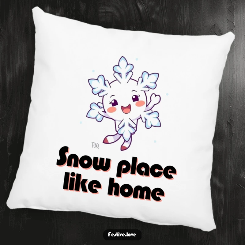 Funny pillow featuring a happy snowflake character twirling in the air, providing soft, humorous, and enchanting winter decor.
