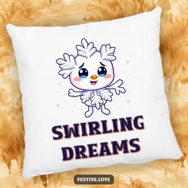 Funny snowflake character pillow creating a tiny swirl, offering cozy comfort and a touch of playful winter mischief. A frosty friend.
