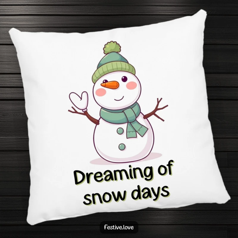 Funny snowman pillow with a jolly character waving with twig arms and a carrot nose, perfect for cozying up.