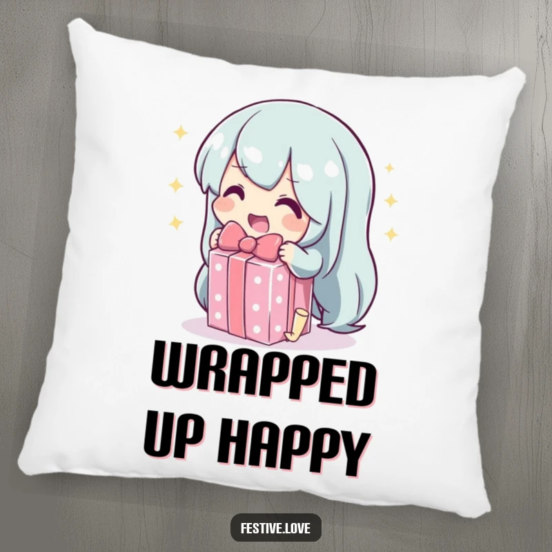 Funny pillow with a character unwrapping a sparkling gift, adding joy and comfort to any living space.