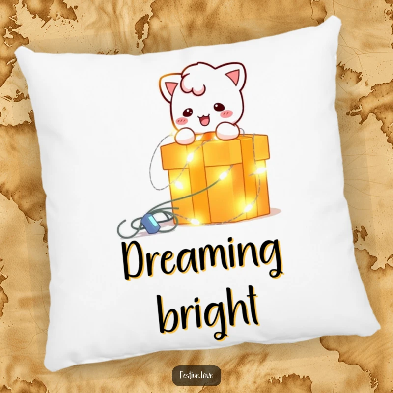Funny pillow featuring a bright, blinking string light character playfully wrapping a gift box, providing comfort and festive illumination.