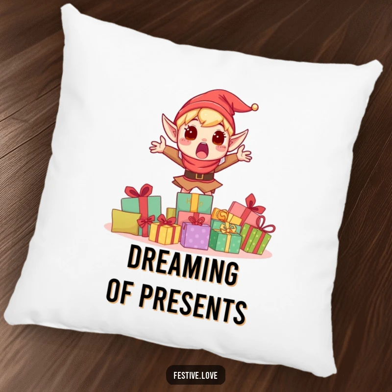 Funny pillow with a wide-eyed, surprised elf character leaping joyfully behind a generous stack of holiday gifts.