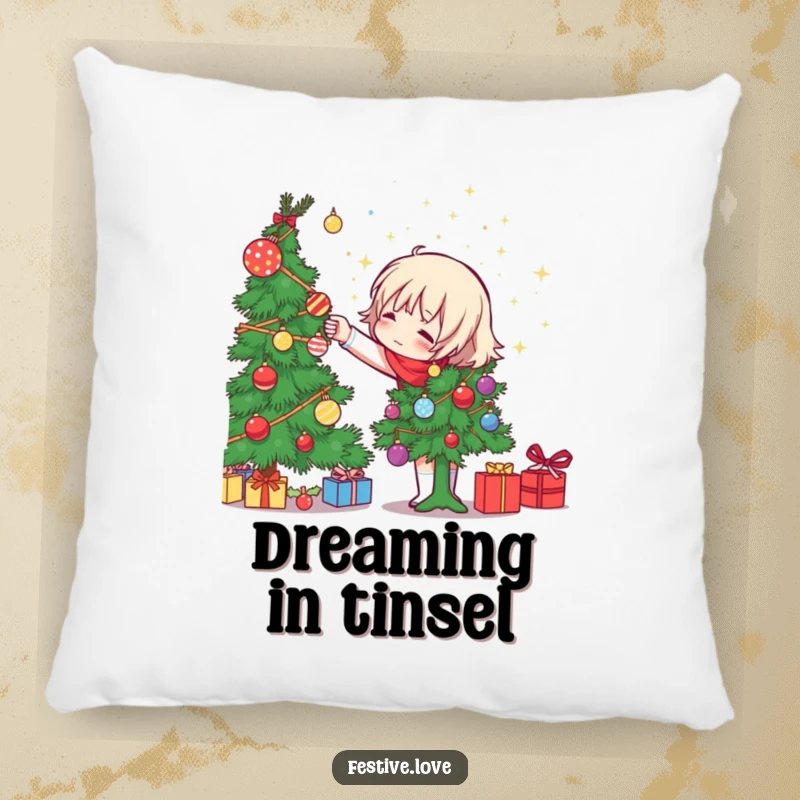 Funny character decorating a Christmas tree, tossing ornaments joyfully, on a plush pillow, a humorous and comforting holiday accent.