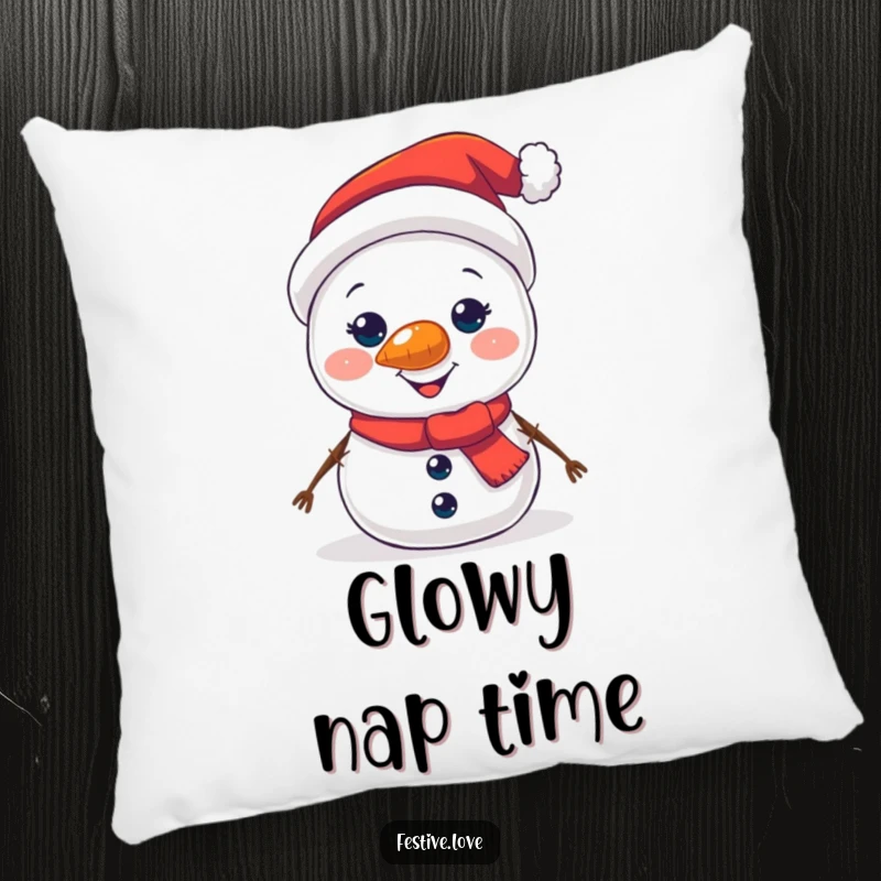 Funny decorative pillow showcasing a jolly snowman character whose carrot nose is shining with a warm, inviting glow.