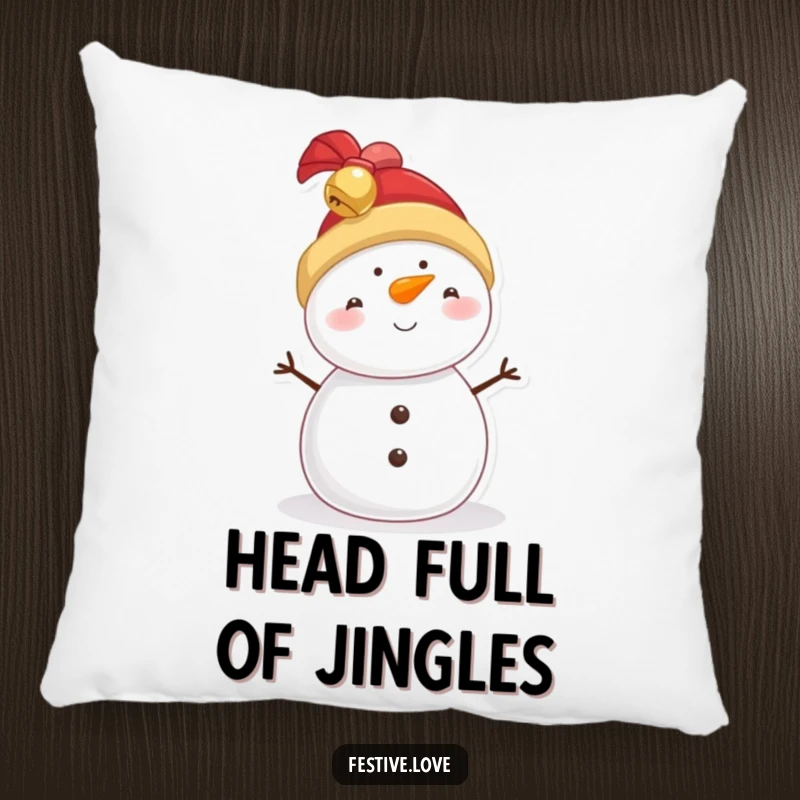 Funny snowman pillow featuring a cute character with a jingly bell hat, adding festive charm to any seating area.