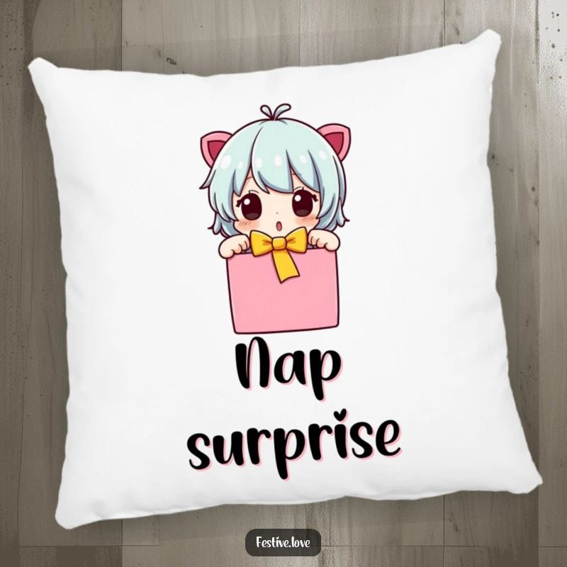 Funny character pillow unwrapping a gift, surprised expression, soft and cuddly, a cute funny gift.