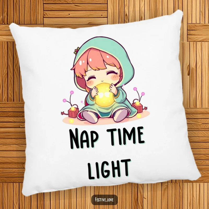 Funny character playing with a ball of glowing, festive lights, on a soft pillow, a humorous and comforting holiday accent.