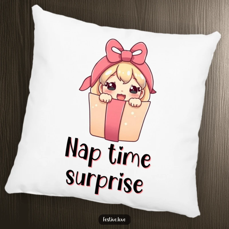 Funny plush pillow with a cute, smiling present character peeking out from a ribbon, adding a touch of joy.
