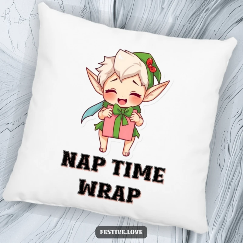 Funny elf pillow featuring an excited character wrapping a present, adding a touch of festive fun to sofas.