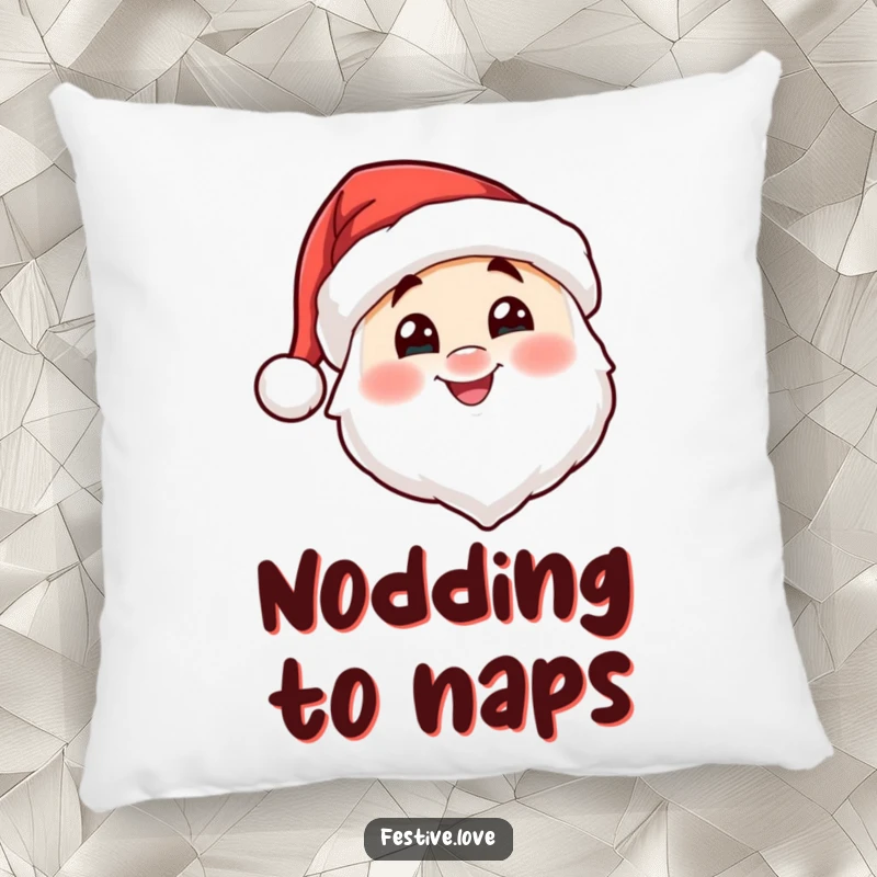 Funny Santa hat character pillow nodding cheerfully, offering cozy comfort and festive holiday spirit. A huggable friend.