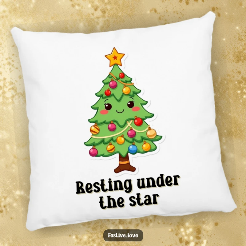 Funny Christmas tree pillow with a cheerful character decorated with shining ornaments and a star, perfect for cozying up.