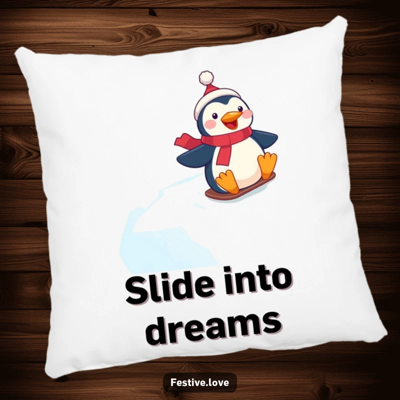 Funny decorative pillow showcasing a gleeful penguin character mid-slide down a fast, icy hill with pure delight.