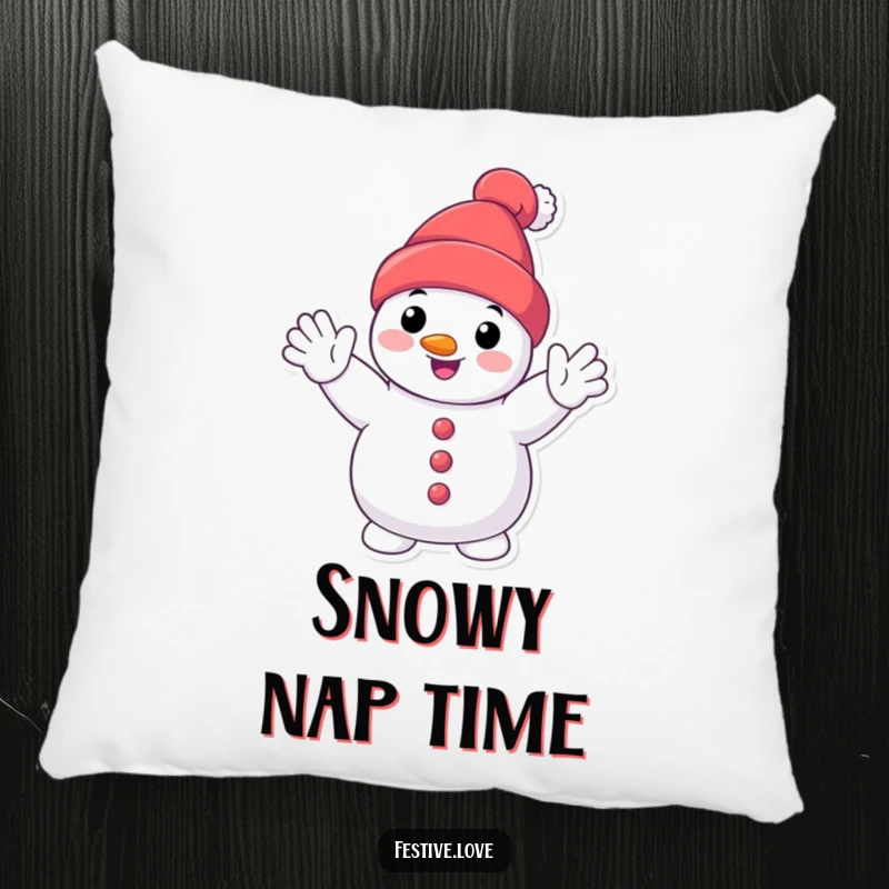 Funny smiling snowman pillow featuring a cute cartoon snowman character waving enthusiastically, perfect for adding winter charm.