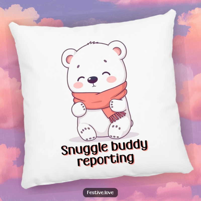 Funny Pillow: A kawaii polar bear wearing a scarf gives a gentle hug, providing comfort and a touch of humor.
