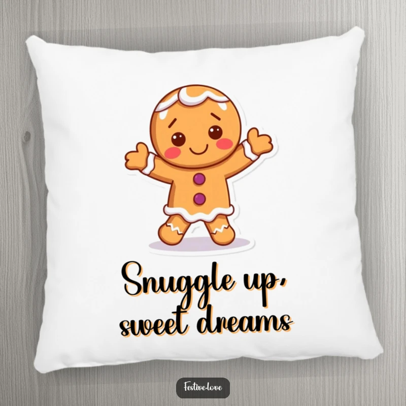 Funny gingerbread man pillow with a smiling character dancing with frosting accents, perfect for cozying up.