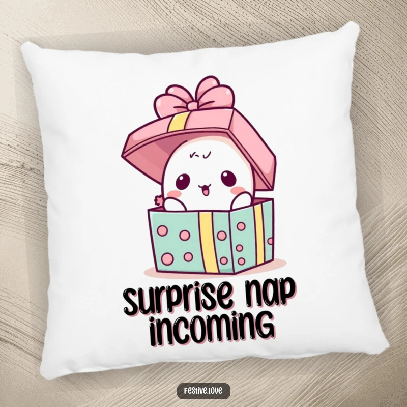 Funny Pillow: A kawaii present character pops its lid open in surprise, offering comfort and a touch of humorous mystery.
