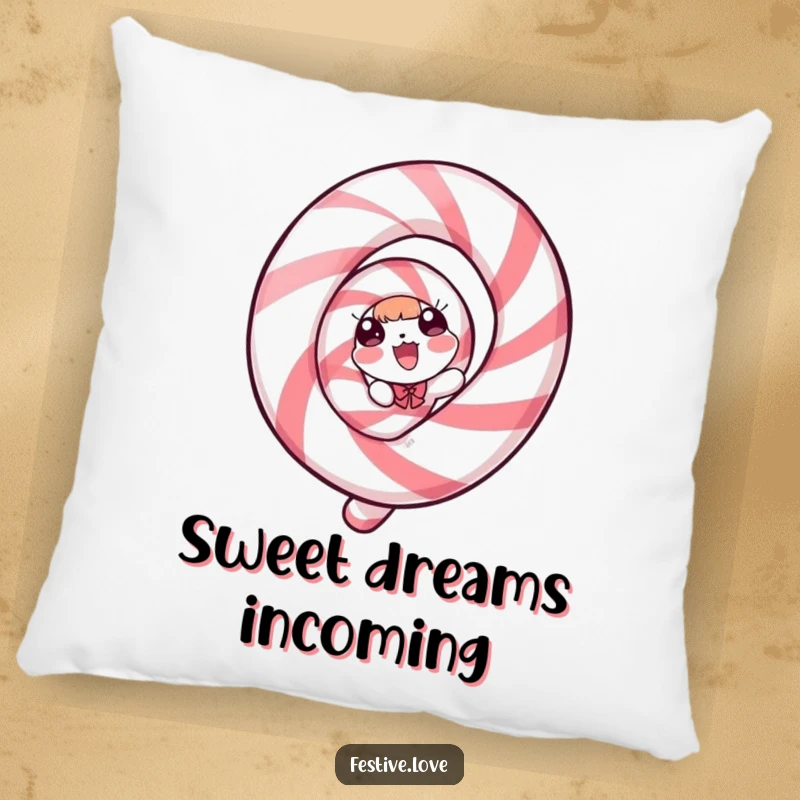 Funny Pillow: A plush candy cane character spiraling with pure, cartoonish delight and festive charm.