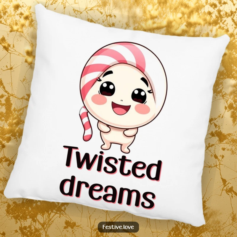 Funny candy cane character pillow bending into a happy smile, offering cozy comfort and playful holiday sweetness. A delightful accent.