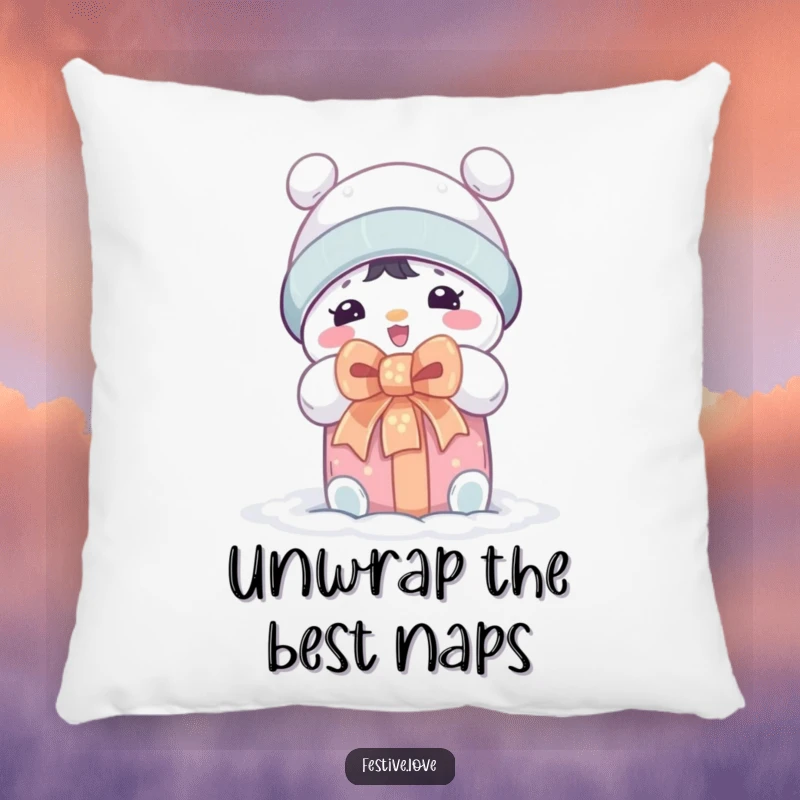 Funny decorative pillow with a charming snow character exuding happiness while unwrapping a beautifully presented gift with a bow.