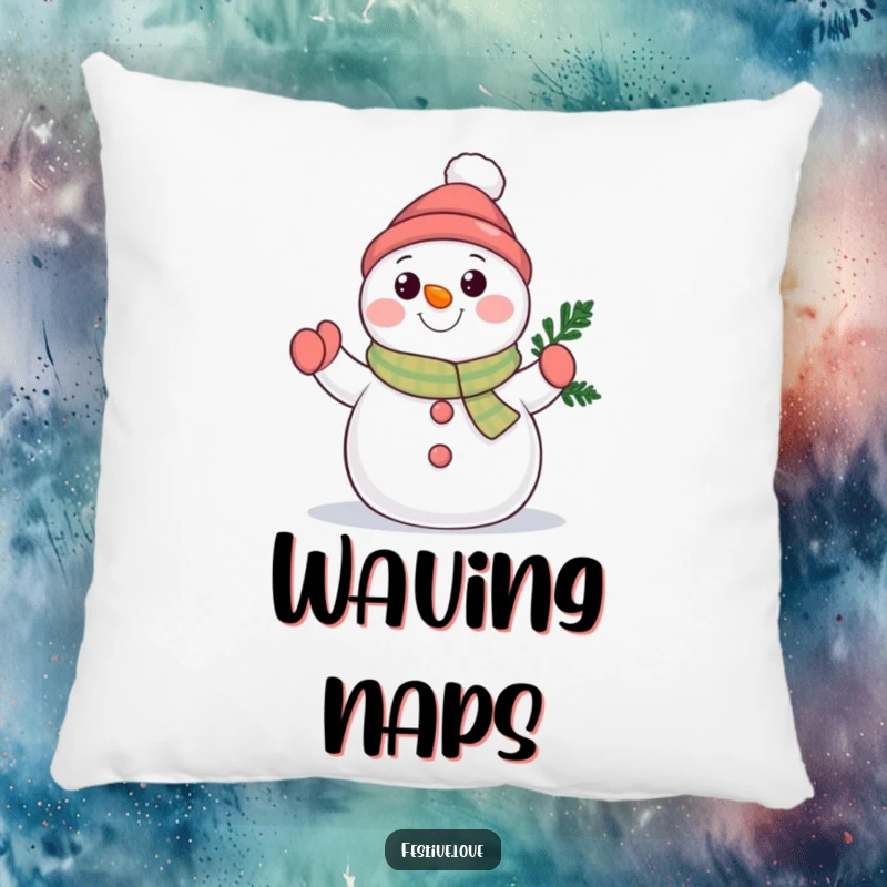 Funny snowman character pillow waving a tiny evergreen branch, offering cozy comfort and a friendly winter presence. A huggable friend.