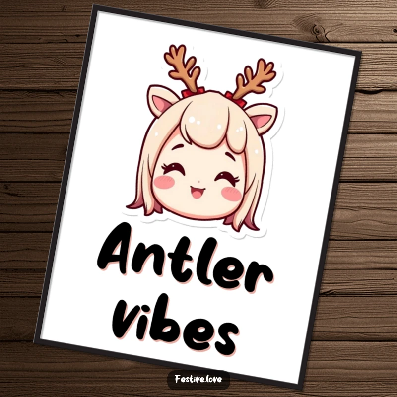 Funny digital art print of a smiling character wearing a small reindeer antler headband, looking incredibly excited and full of holiday spirit.
