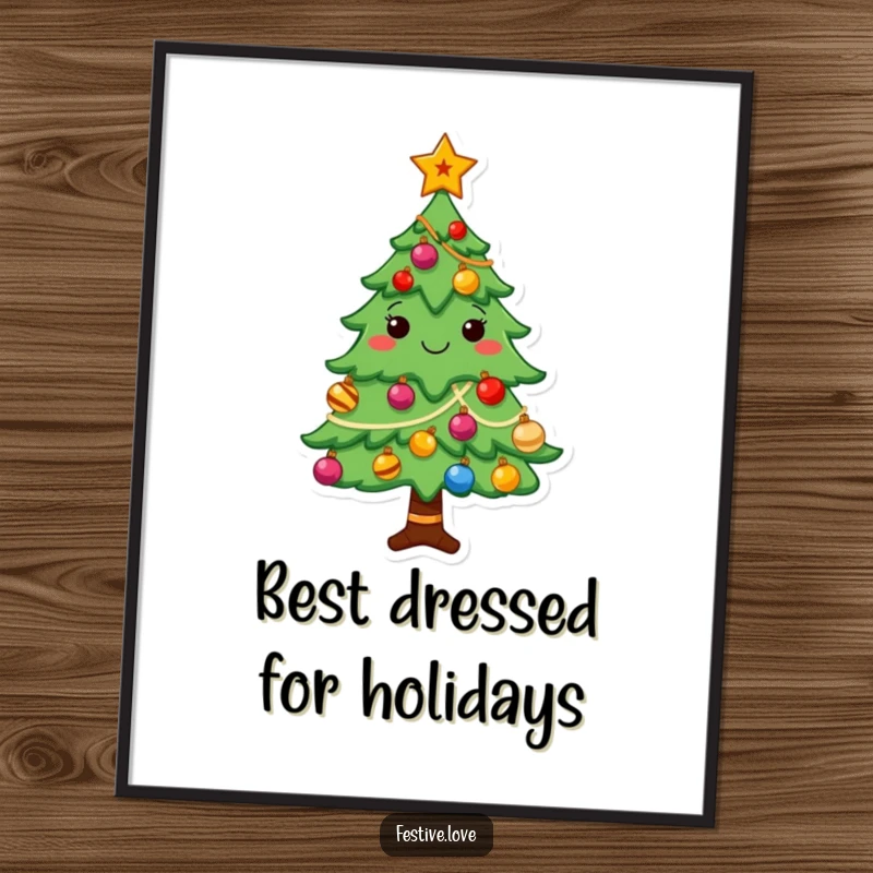 Funny Christmas tree digital art print of a cheerful character decorated with shining ornaments and a star, instant download.