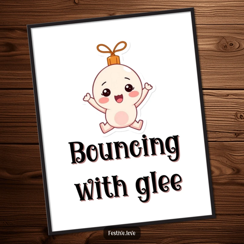 Funny Digital Art Print: A festive ornament character happily bouncing with vibrant holiday spirit.