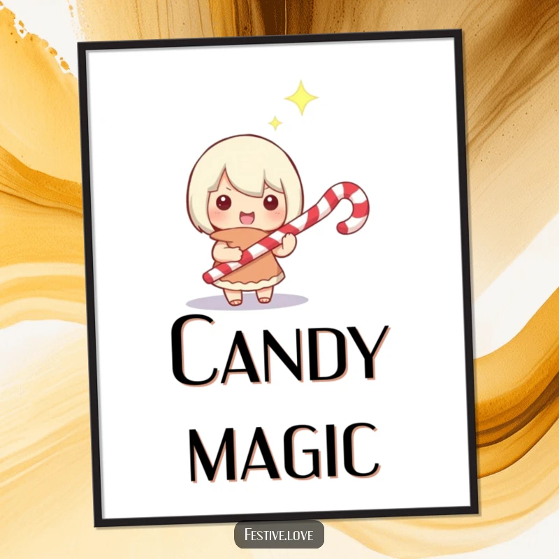 Funny digital art print of a small character holding a candy cane like a magic wand, with a happy, sparkling gaze, celebrating holiday enchantment.